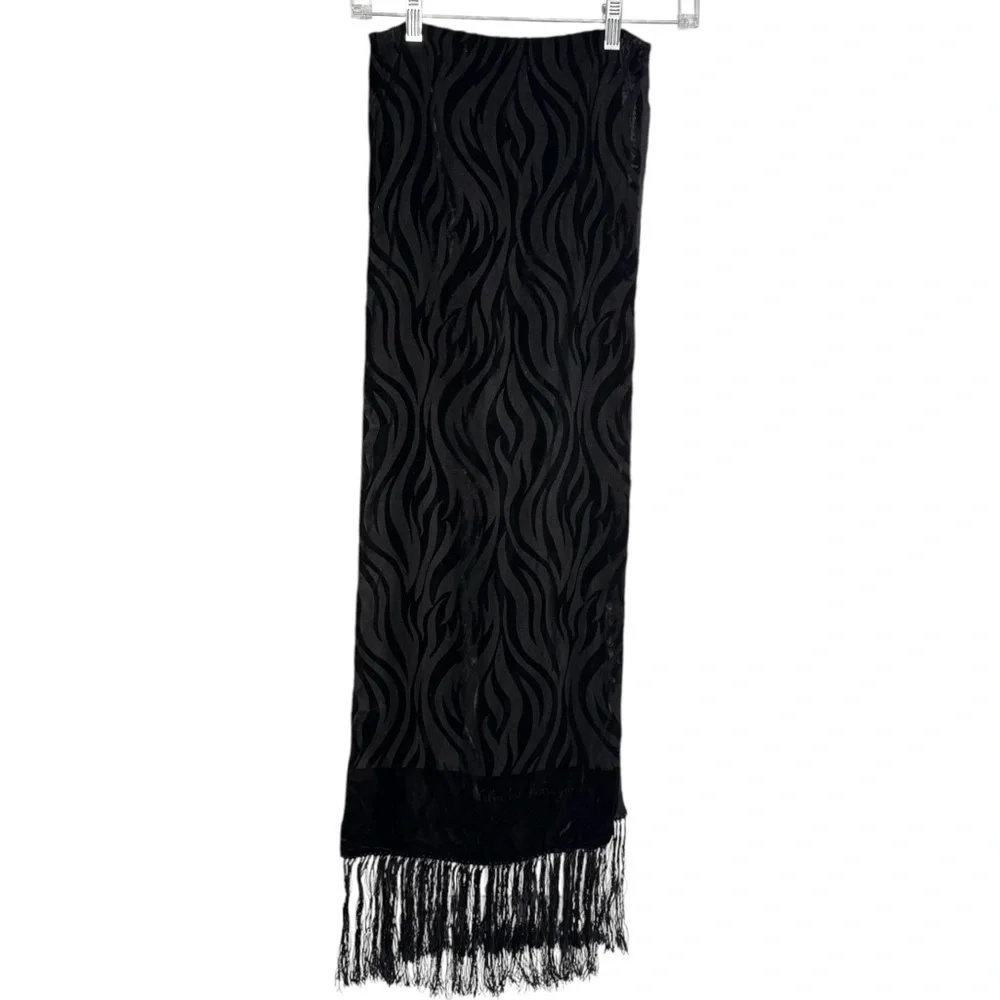 Salvatore Ferragamo Zebra Pattern Black Velvet Neck Scarf Fringe Ends Made Italy